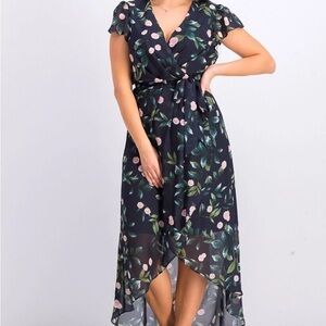 Julia Jordan Women's Floral-Print Ruffle Faux Wrap Dress Navy size 10.